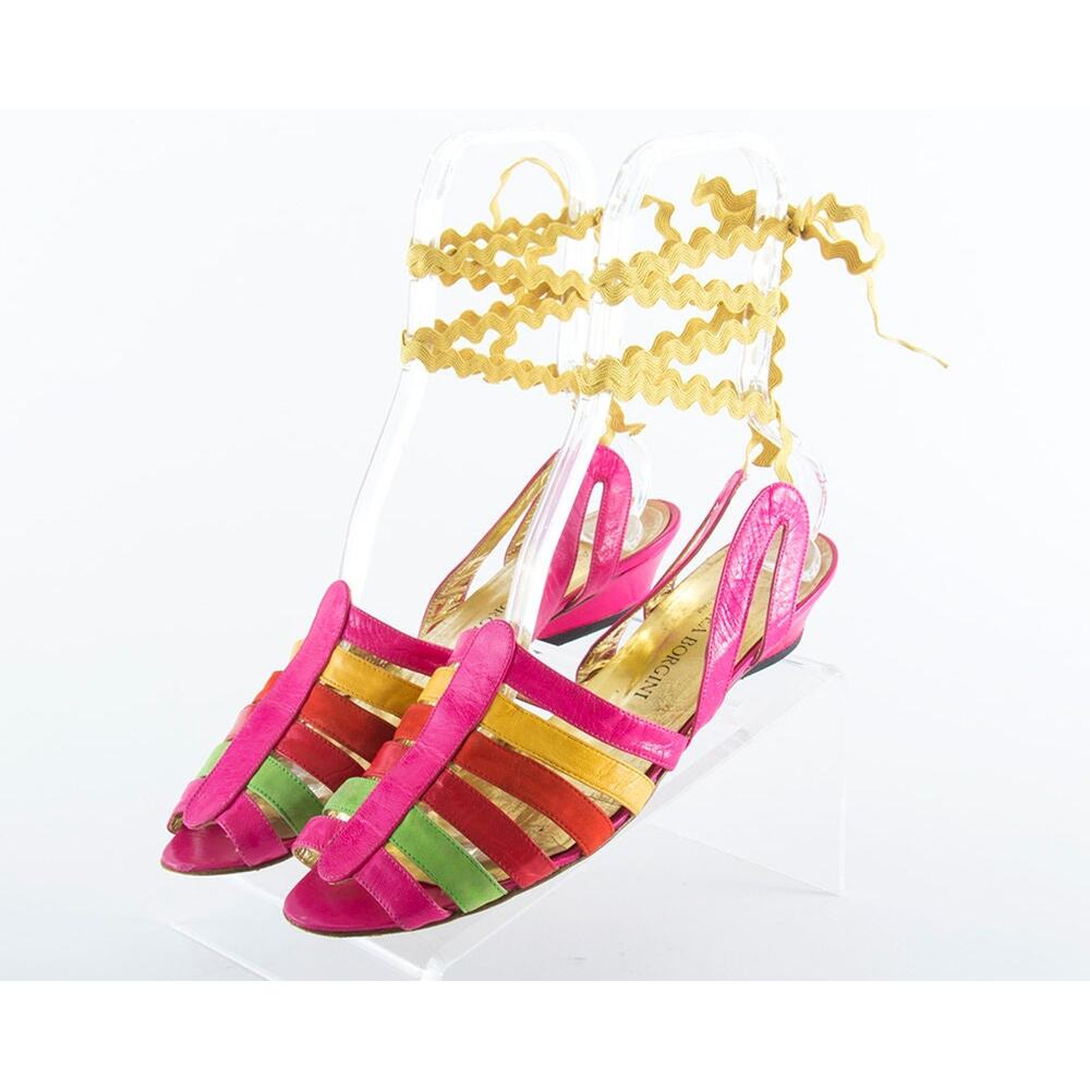 Vintage 1980s Sandals 80s Strappy Leather Suede Colorful Lace Up Shoes US 10